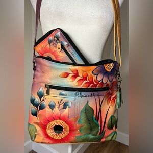Anuschka Hand-Painted Leather Crossbody Bag & Wallet – Floral Art Design